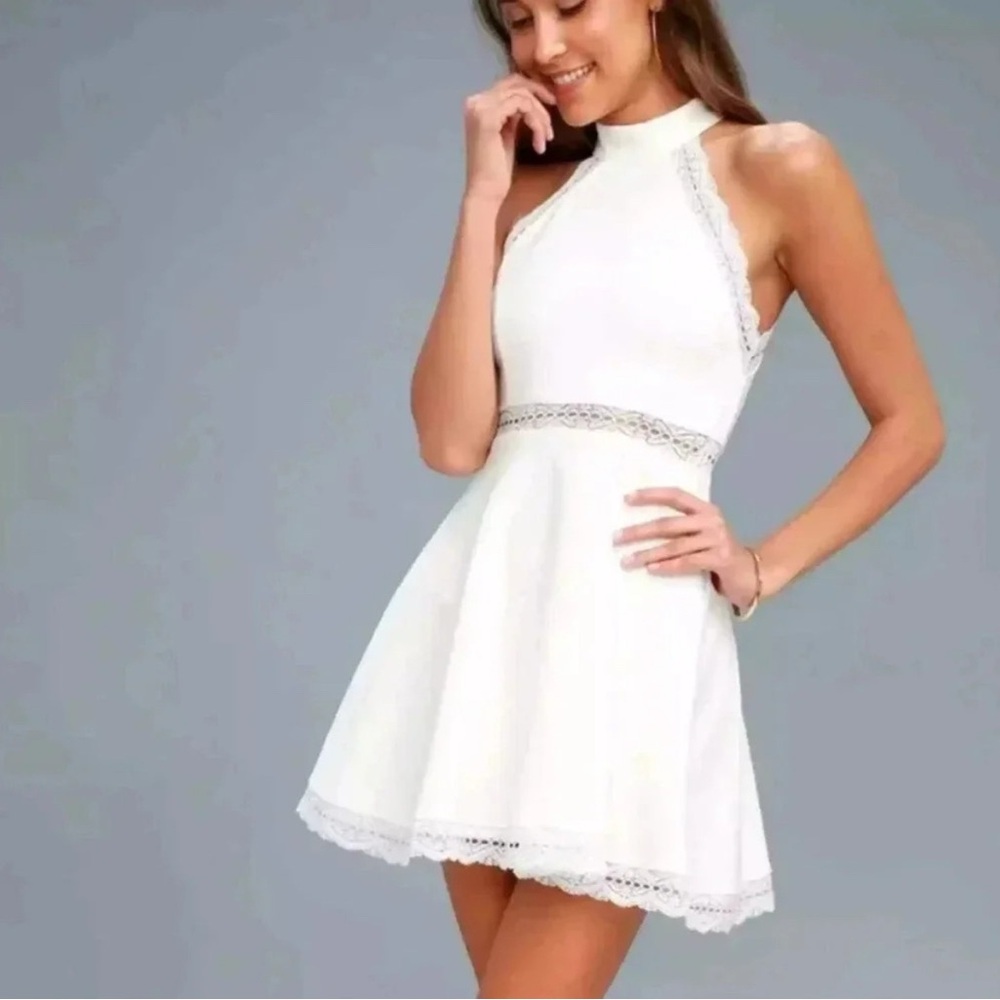 Lulu's ALL White Lace Mini Dress Fit and Flare Skater Halter Dress SZ Large